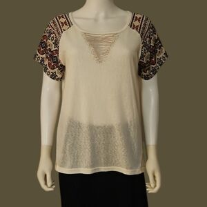 MISS ME Aztec Southwestern Beaded V-Neck Short Sleeve Burnout Blouse
